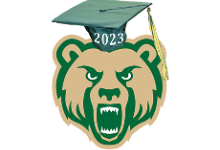 Tan and green bear head wearing a green graduation cap with the year 2023 on the front.