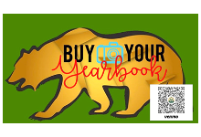 Silhouette of bear walking with the words Buy Your Yearbook on it and a quick read code for Venmo orders next to it.