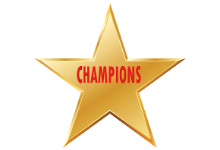 The word Champions in red over a gold star.