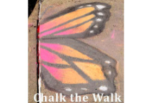 A purple, black, orange and white butterfly wing appears to emerge from a crack in the sidewalk. Below it are the words Chalk the Walk.