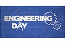 Blue and white blueprints with the words Engineering Day over it and two outlines of gears.