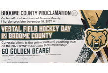 Banner signed by Broome County Executive Jason Garnar proclaiming November 18, 2022, as Vestal Field Hockey Day in Broome County.