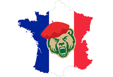 Golden Bear wearing a red beret wedged between a blue, white, and red outline of the country of France.
