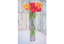 Orange and pink tulips in a clear glass vase on a table.