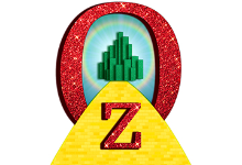 Red O with the Emerald City surrounded by a rainbow in the middle and a Z below it over a yellow brick road.