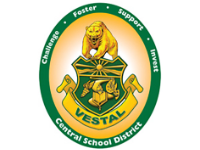 Vestal Central School District bear shield with the words Challenge, Foster, Support, and Invest.