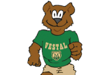 Brown bear in tan running shorts and green Vestal shirt.