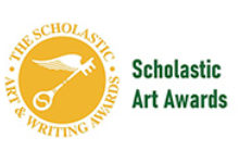 A winged key in the middle of a yellow circle is surrounded by the words The Scholastic Art & Writing Awards. On the right are the words Scholastic Art Awards in green letters.