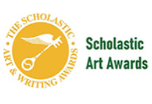 A winged key in the middle of a yellow circle is surrounded by the words The Scholastic Art & Writing Awards. On the right are the words Scholastic Art Awards in green letters.