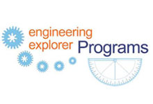 Blue gears and a protractor floating under the words Engineering Explorer Programs.