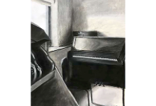 Black and white artwork of a piano in a sunlit room.