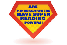 A red and yellow Superman emblem with the words A R E  Kindergartners have Super Reading Powers!