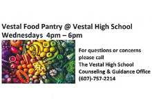 Photo of brightly colored fruits and vegetables next to text that read Vestal Food Pantry at Vestal High School, Wednesdays 4 - 6 p.m.