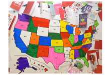 Bulletin Board map outside a Kindergarten classroom with states that the class has received Valentines from colored in.