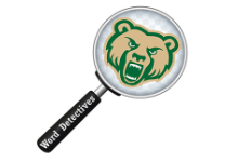 Tan and green bear head logo on the center of a magnifying glass with a black handle. Word Detectives is written in white on the handle.