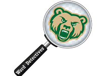 Tan and green bear head logo on the center of a magnifying glass with a black handle. Word Detectives is written in white on the handle.