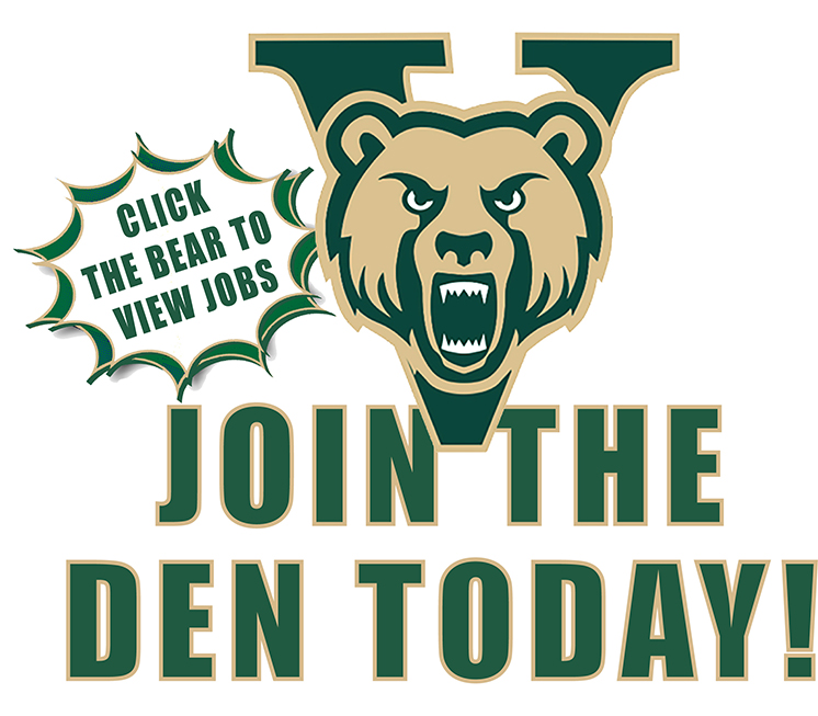Bear over the letter V and the words Join the Den Today and Click the Bear to View Jobs.