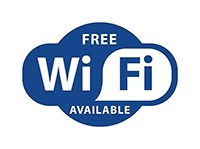 A blue cloud-shaped bubble with white text that reads Free WiFi available.